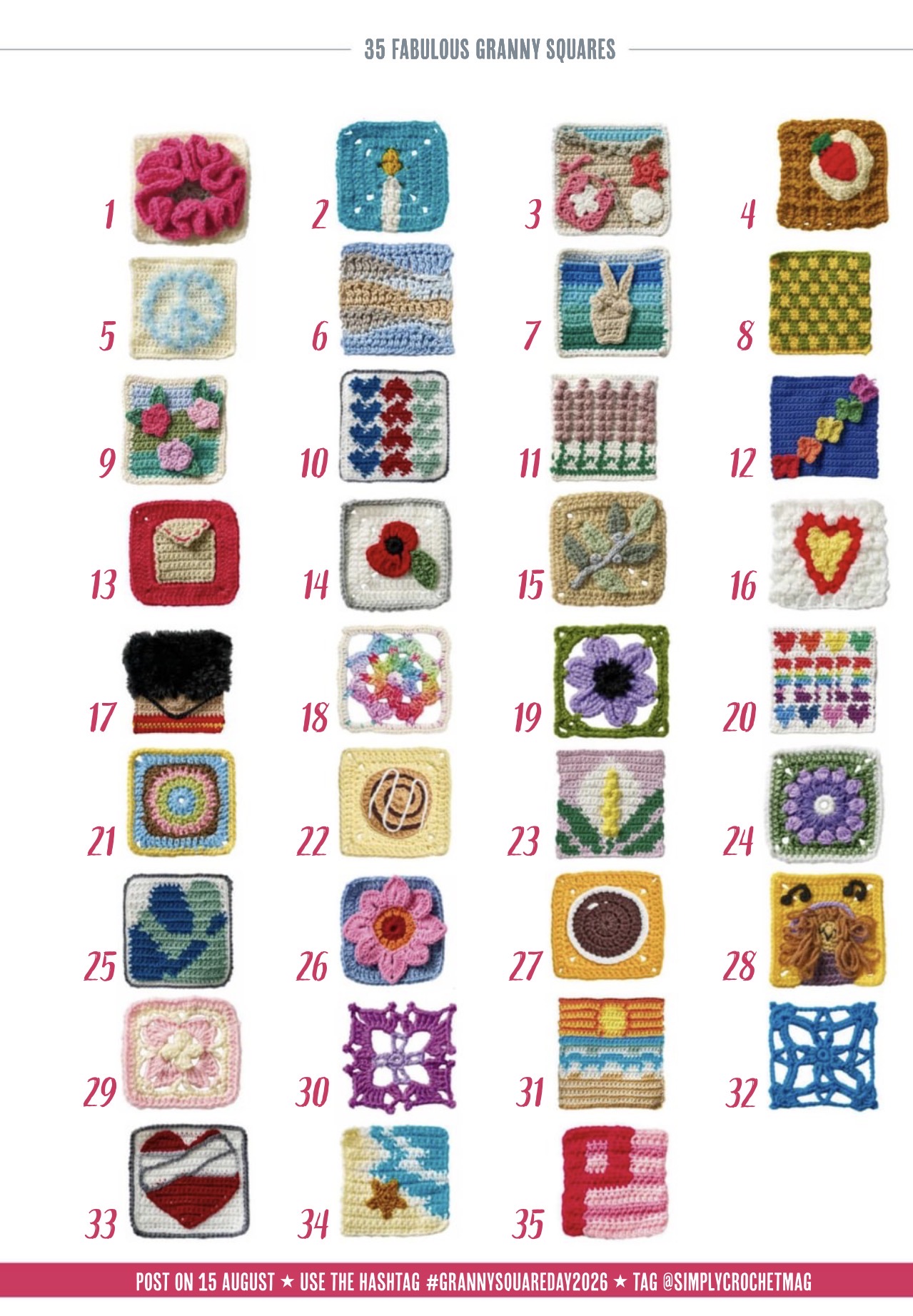 All 35 granny square designs from Simply Crochet's 2026 Granny Square Day supplement, laid out in a numbered grid